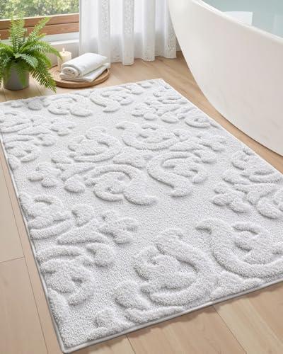 DEXI Bathroom Rug 17x30, Non Slip Washable Bath Mat for Shower Floor, Absorbent Soft Bathmat with Rubber Backing, Plush Fluffy Microfiber Floral Retro Carpet, White