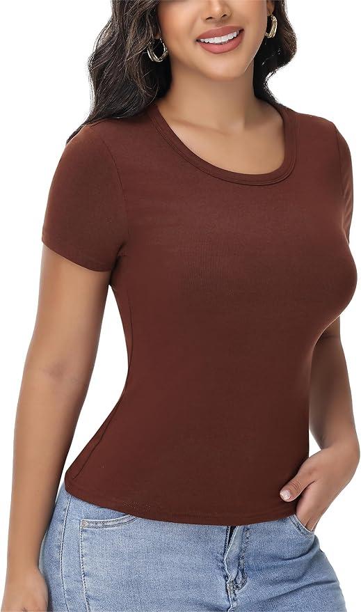 EasyFair Womens T Shirts Basic Short Sleeve Crew Neck Slim Fit Tees Summer Workout Casual Bodycon Tops 2025 Coffee L