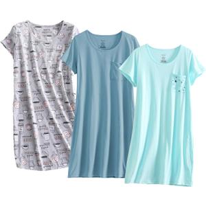 PNAEONG Pack of 3 Women's Cotton Nightgown Sleepwear Short Sleeves Shirt Casual Print Sleepdress (X-Large)