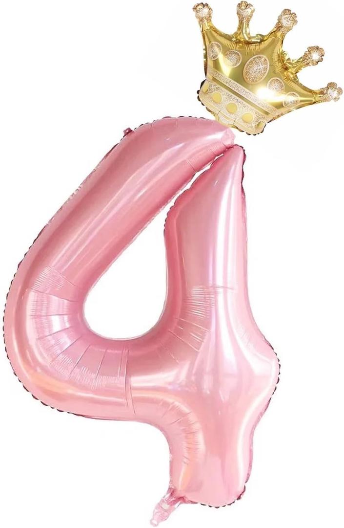 40 Inch Pink Crown Number 4 Balloons Set, 4th Birthday Balloons for Girls, Childrens 4th Birthday Party Decorations. (4)