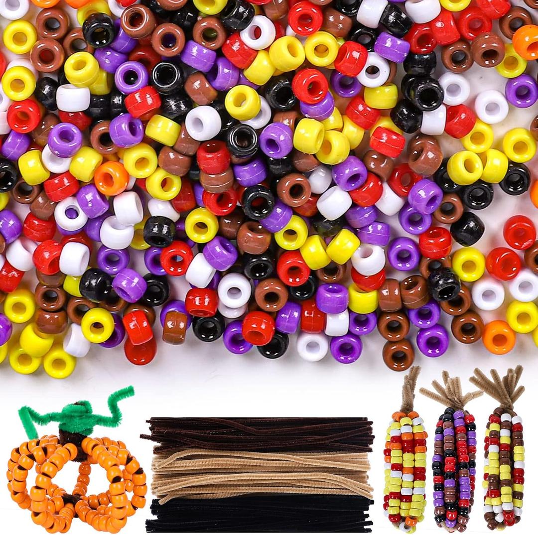 Whaline 1000Pcs Halloween Pony Beads with 100Pcs Chenille Stems Pipe Cleaners 7 Colors Fall Plastic Craft Focal Beads Bulk for Autumn Thanksgiving DIY Craft Necklace Bracelet Jewelry Making Supplies
