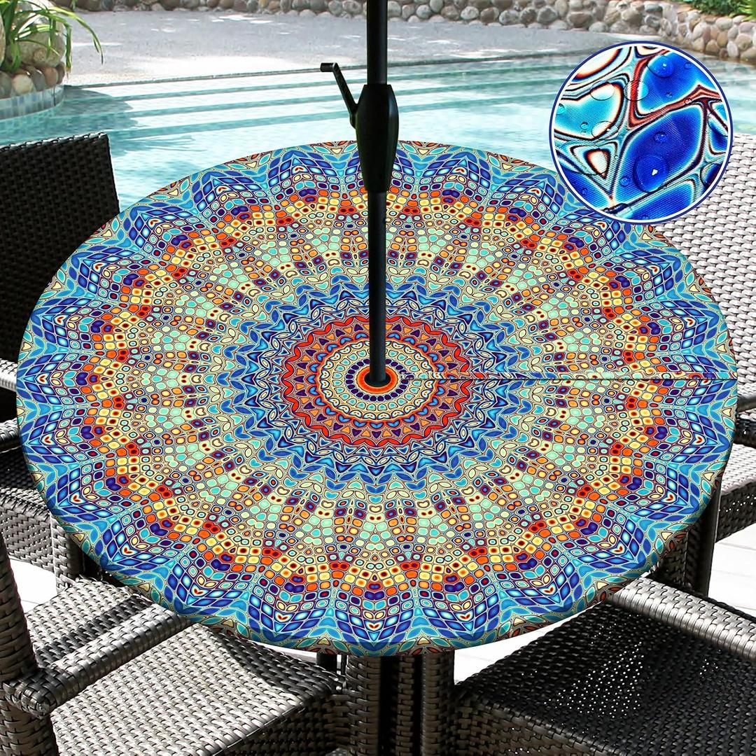 Round Outdoor Tablecloth with Umbrella Hole Waterproof Patio Table Covers Round Fitted Tablecloth with Elastic Zippered Round Outdoor Table Cloth for Picnic, Camping, Garden 36''-44''