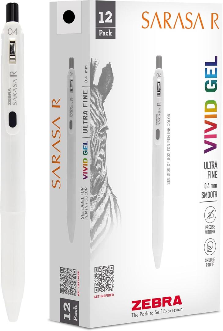 Zebra Pen, SARASA R Gel Pens, Black Ink, 0.4mm Fine Point, Vivid Ink to Create Deep, Saturated Color and Smooth Gel Lines, Quick-Drying for Smear-Free Writing, Made in Japan, 12-Pack (47710)
