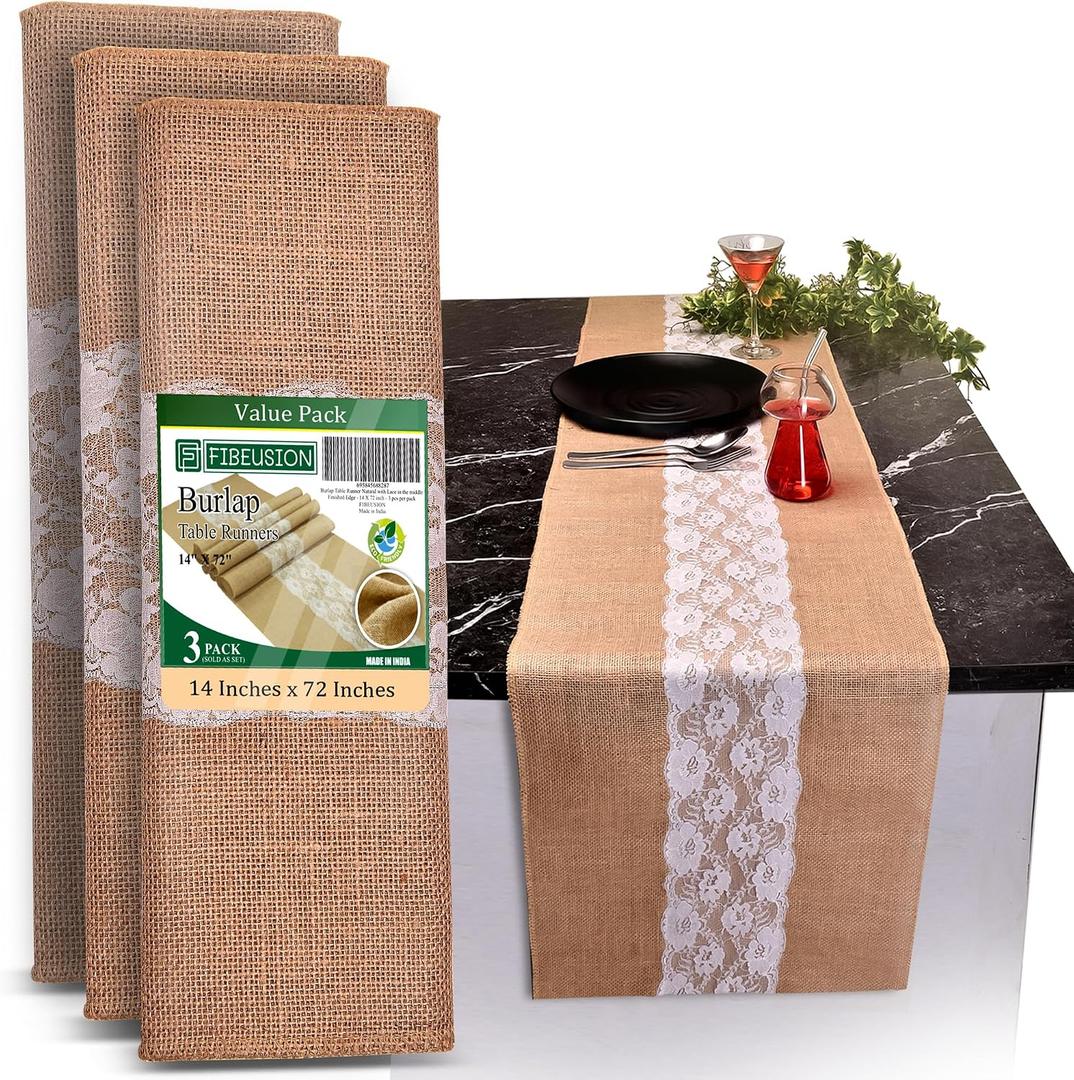 Burlap Lace Table Runner (Pack of 3) – 14”x 72” - No-Fray Finished Edge Natural Table Runner – No Odor, Eco-Friendly Burlap Runner - Perfect for Christmas, Wedding, Thanksgiving