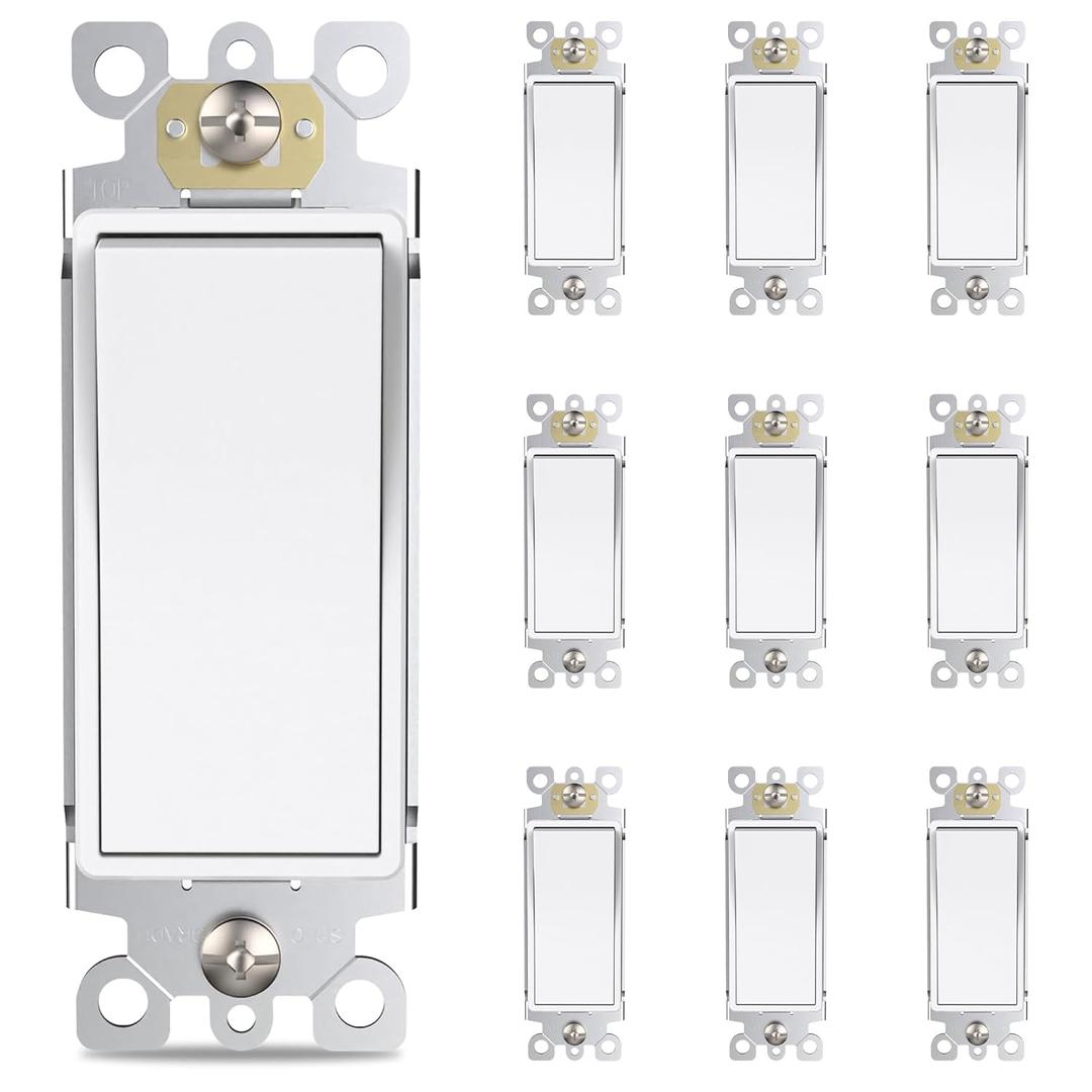 Thunderway 3 Way Decorator Light Switch- Electrical Rocker Paddle Wall Switch, 15 Amp 120V/277V Modern On and Off Switches, Residential Grade, UL Listed, Matte White10 Pack
