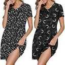 Marvmys Women 2 Pack Nightgowns Soft Short Sleeve Nightshirts V Neck Comfy Lounge Dress Sleep Shirts Black Starry Sky&Moon Print M