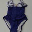 B2prity One Piece Swimsuit for Women Tummy Control Halter Bathing Suit V Neck Push Up Swim Suit Ruched Swimwear (Small, Striped, Dark Blue)