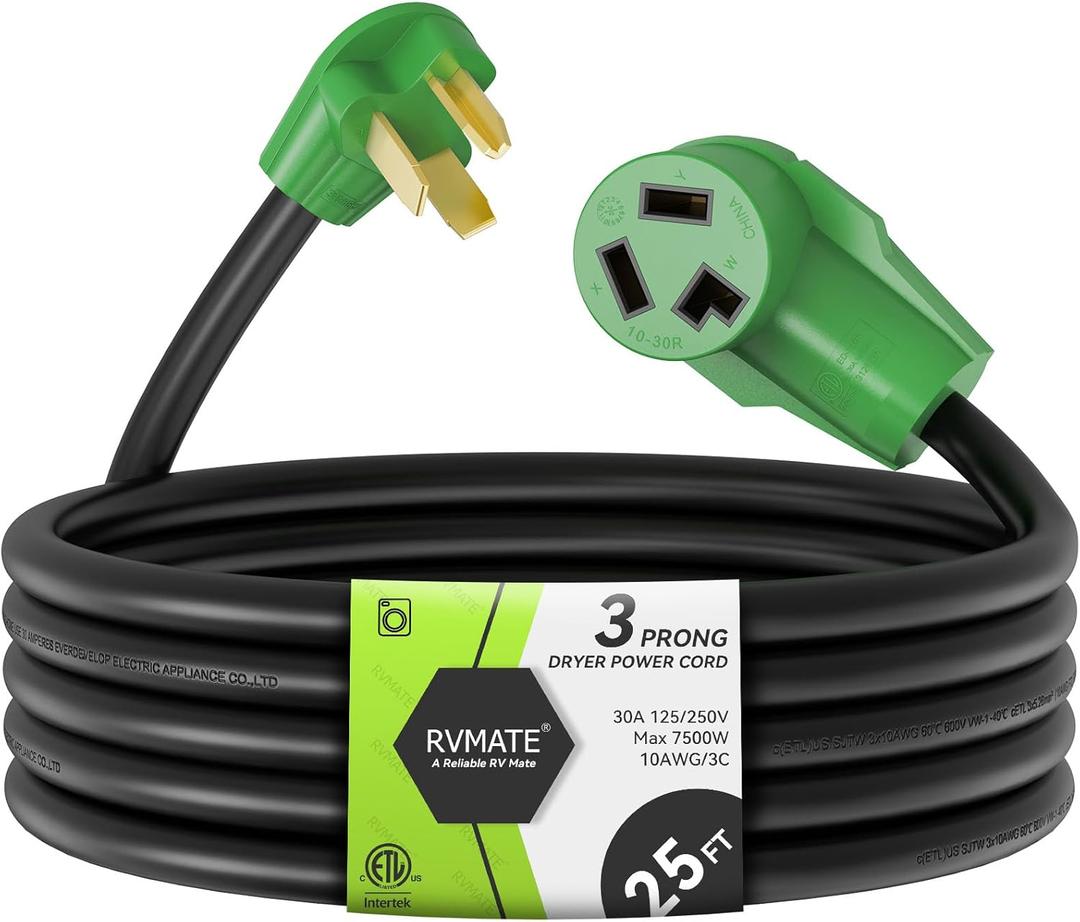 RVMATE 3 Prong Dryer Extension Cord 25 Feet, 30 Amp NEMA 10-30P to 10-30R 125V/250V Waterproof PVC Jacket, Perfect for Dryer Power Extension, ETL Listed