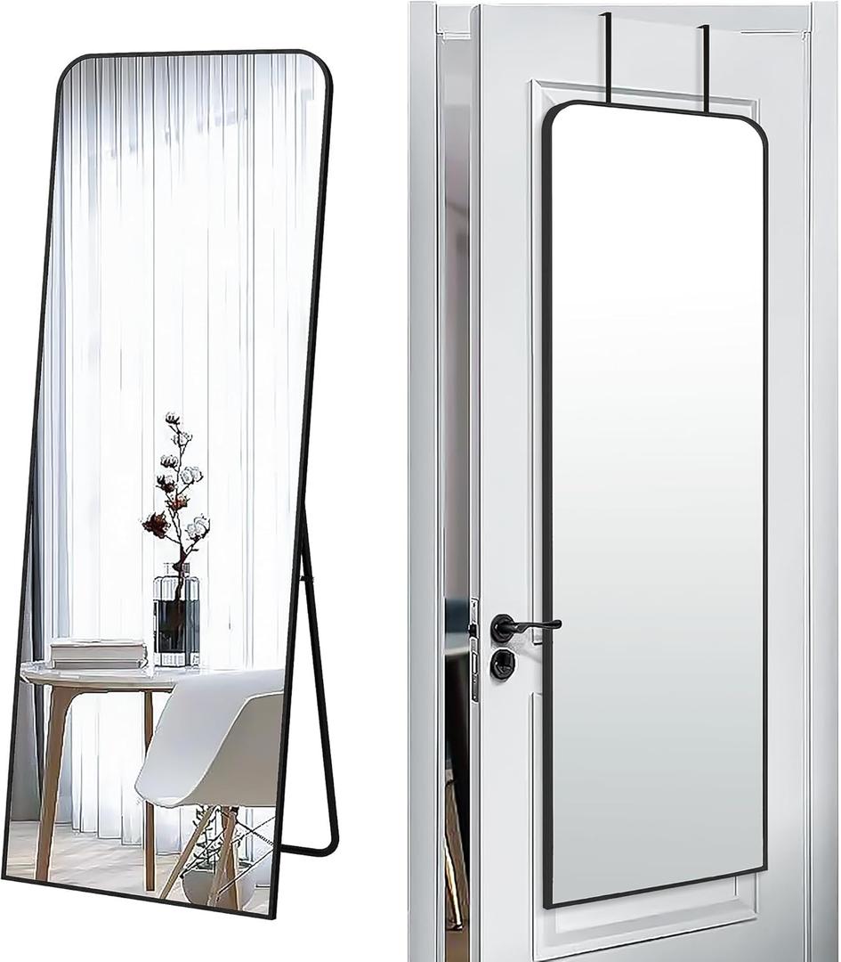 57x20 Door Hanging Full Length Mirror, Floor (Height 5.7ft just Body in 1.3ft) or Wall Mounted Metal Frame Rectangle Dressing Mirrors for Bedroom Bathroom Living Room 57 inch Black