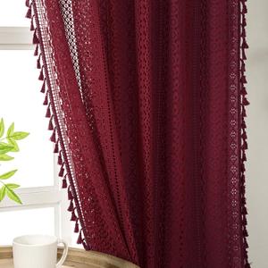 WAZZIO Burgundy Sheer Curtains 63 Inches Long 2 Panel Cotton Blend Crochet Lace Curtain Tassel Rod Pocket Design Semi Sheer Light Filtering Boho Curtains for Bedroom Living Room Window Drapes Dark Red