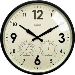 Cloudnola Indoor Outdoor Waterproof Metal Wall Clock with Thermometer and Hygrometer, Black, 12 inch Silent Non-Ticking Battery Operated Quality Quartz Round Clock for Patio and Home Decor