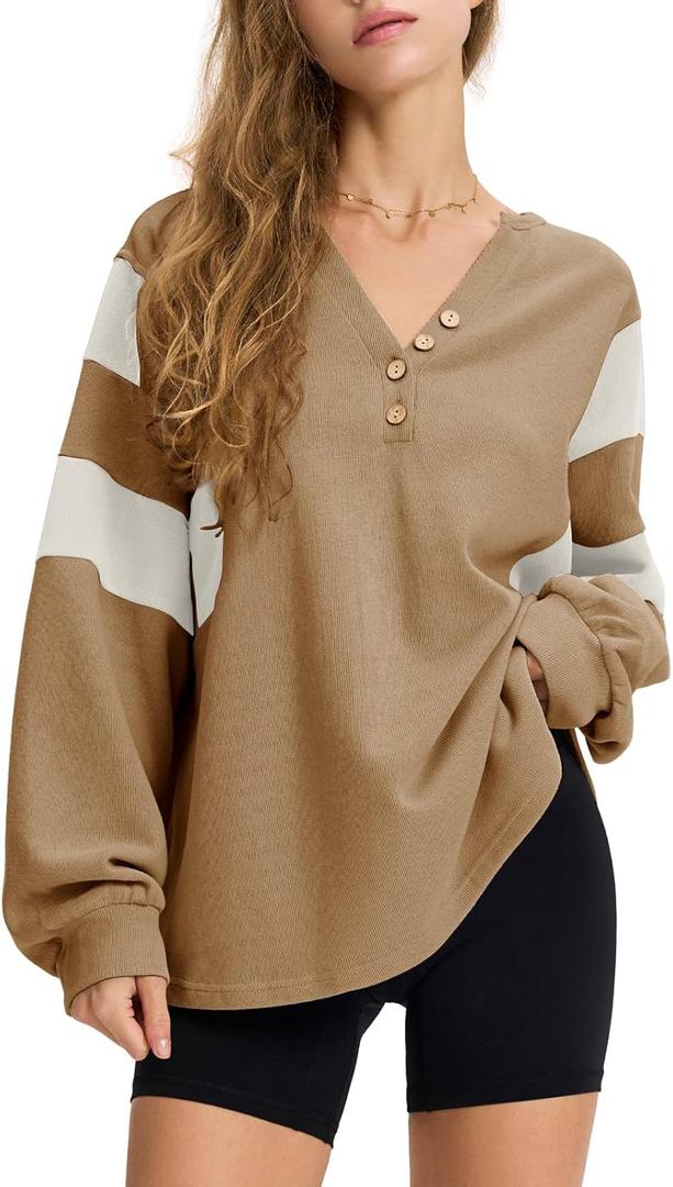 EXLURA Women's Oversized V Neck Henley Shirt Patchwork 2024 Color Block Sweatshirt Long Sleeve Button Pullover Tunic Tops (X-Small, Brown)