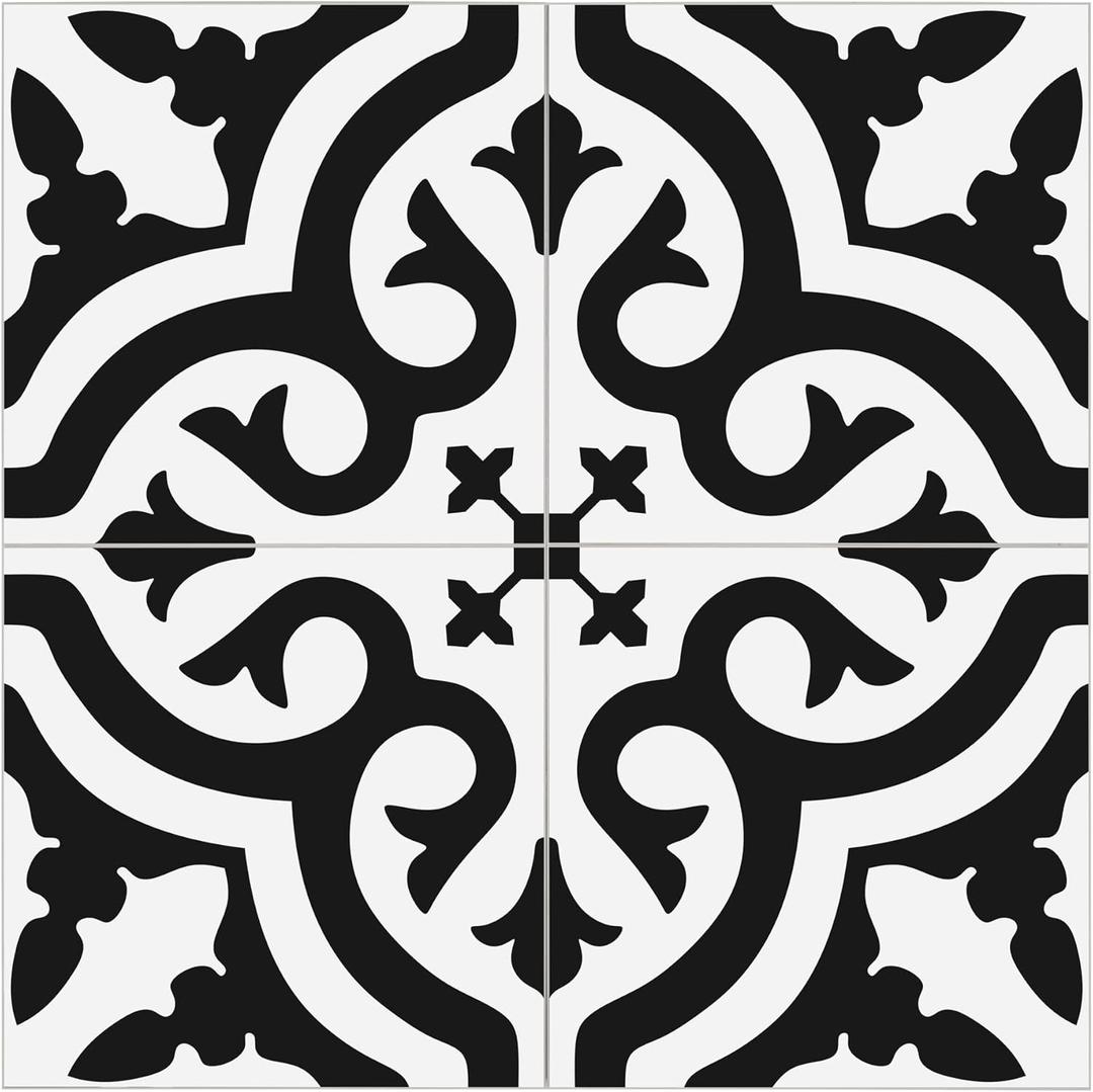 The Tiles Plaza Peel and Stick Encaustic Backsplash, Black and White Patterned Vintage Stick on Tile, Self-Adhesive Wall Tile Sticker for Kitchen Bathroom Fireplace Stairs, 10 Sheets