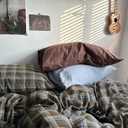 mixinni Vintage Buffalo Plaid Duvet Cover Set Queen Size - 3 Piece Washed Cotton Bedding Set with Grid Pattern, Soft & Breathable Duvet Cover with Pillowcases for All Seasons,(Brown & Blue,Beige)