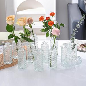 Glass Bud Vases Set of 12, Small Diamond Bud Vases in Bulk, Mini Flowers Vases for Centerpieces, Vintage Bottle for Table Decorations, Wedding Decor, Recepetion, Home (Clear)