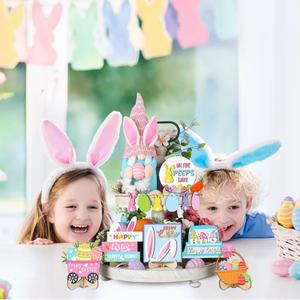 Easter Tiered Tray Decor Set Easter Layered Decorative Tray Bunny Wooden Signs for Home Table Church Party