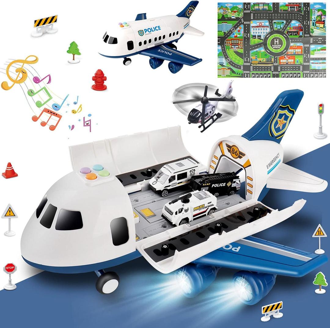 Dwi Dowellin Toddler Toys Car for Boys:Boy Toy Transport Cargo Airplane|Kid Toys 20 in 1 Carrier Vehicle Police Toys for Kids Age 2-4 3-5 4-7 Year Old Boys Girls