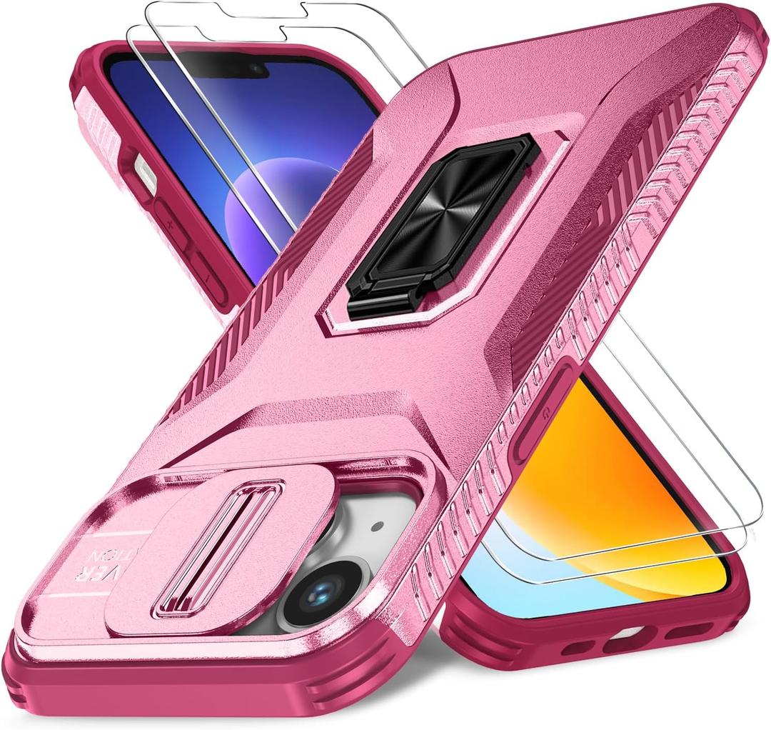 Case for iPhone 13/iPhone 14 6.1-Inch Slide Camera Cover+Screen Protector(2 Packs), Military Grade Shockproof Protective Cover, Rotated Ring Kickstand with Camera Protection (Pink+Red)