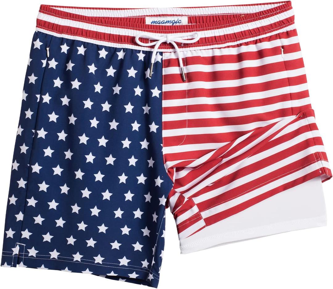 maamgic 2 in 1 Mens Swim Trunks 7 Inch Swim Shorts Swim Suits Board Shorts (Medium, American Flag) Medium