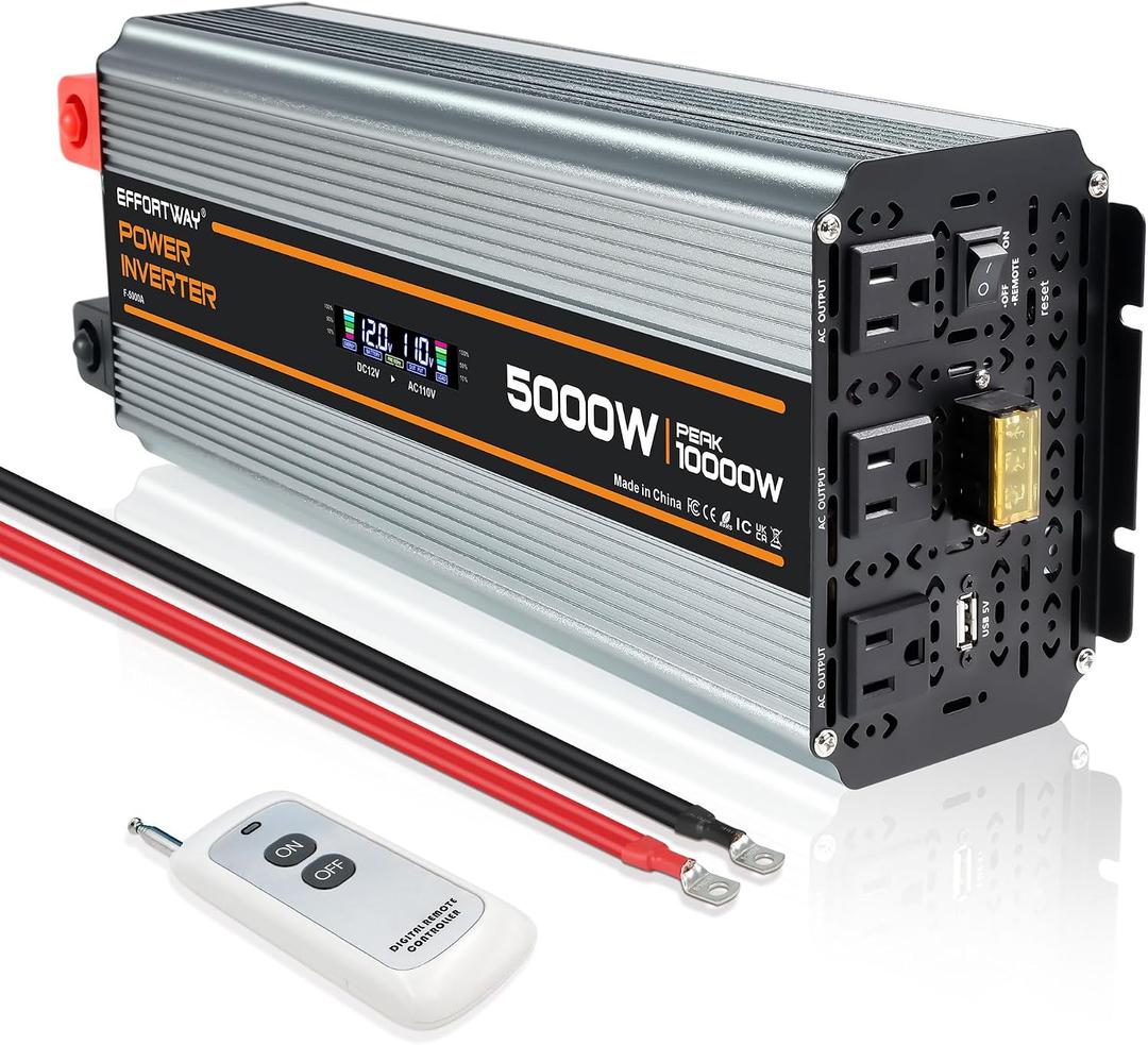 5000 watt Power Inverter DC 12V to AC 110V/120V Converter,10000w Peak.Comes with LCD Display,Wireless Controller,3AC outlets,USB,Hardwire Terminal,Suitable for Camping,Off-Grid Solar Inverter Systems