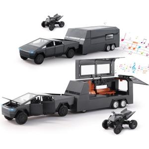 1/32 Alloy Car Trucks Toy Pickup Trailer RV Model Kit with Beach Motorcycle, Diecast Alloy Metal RV Car Model Toys with Sound Light and Pull Back Power,Christmas Birthday Gift for Boy Girl-Green (Black)