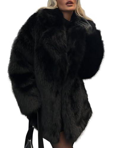 Kissonic Women's Long Faux Fur Coat Lapel Shaggy Winter Jacket Luxury Warm Furry Open Front Outerwear(Black-S)