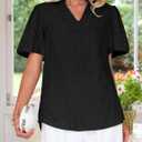 ZESICA Women's Summer Short Puff Sleeve Shirts 2025 V Neck Casual Hollow Out Lace Embroidered Blouse Tops (Black, S)