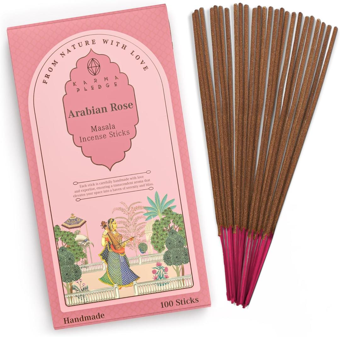 Incense Sticks, Rose Arabic Incense, Pack of 100 Stick, Hand Rolled Aromatic Masala Made with Natural Ingredients, 45-60 Minute Burn Time, Best for Home Fragrance, Meditation, Yoga, Spiritual Healing