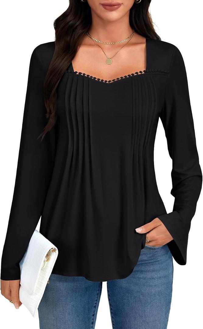 Umenlele Women's Pleated Front Sweetheart Neck Long Sleeve Casual Loose Tunic Tops Blouse Pink Small (S)