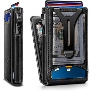 BULLIANT Men Wallet,Magnetic Metal Wallet Money Clip 9Cards Pop-up Access RFID Blocking (Black-6313)