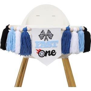 Fast One 1st Birthday High Chair Banner - Race Car Blue Tassel Highchair Decor for Boys, My First Lap Birthday Decor