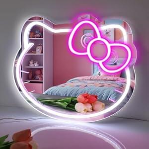 YASIZESOU Hello Kit Vanity Mirror with Neon Sign 14 x 11.8inch Large Size, Hello Kit LED Mirror Adjustable Brightness USB Powered, Pink Bow, Girl Room Decor Mirror, Wall Mirror, Women Makeup Mirror