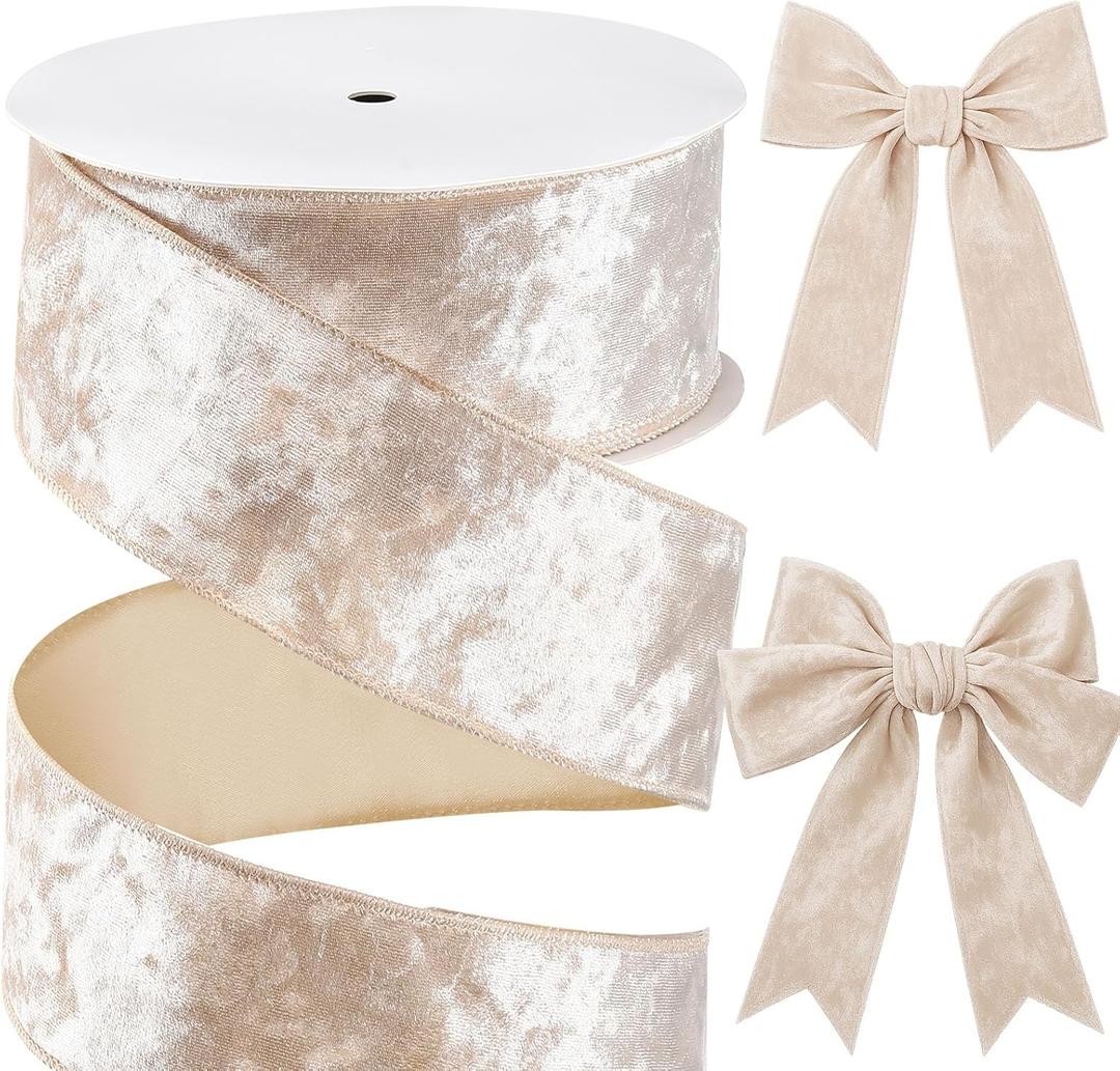 Yungyan 2.5" x 30 Yards Champagne Crushed Christmas Velvet Ribbon, Wired Christmas Ribbon for Xmas Tree Topper Decor, Bows Making, Gift Wrapping, Garlands, Wreaths, Crafts, Outdoor Party Decor