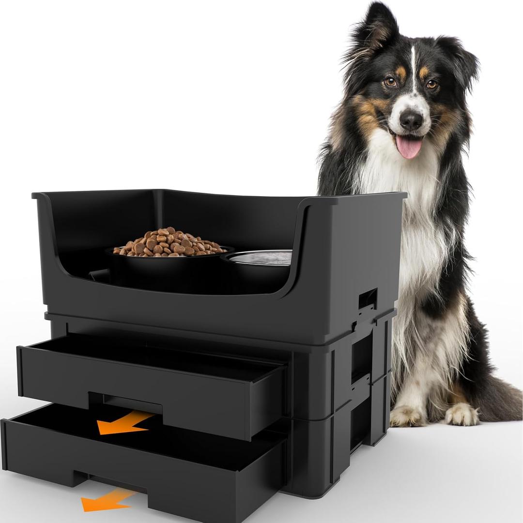 Mess Proof Pet Bowls, No Mess Dog Food and Water Bowl, Pet Feeding Station with 2 Stainless Steel, Spill-Proof Pet Feeder for Medium and Large Dog, Black
