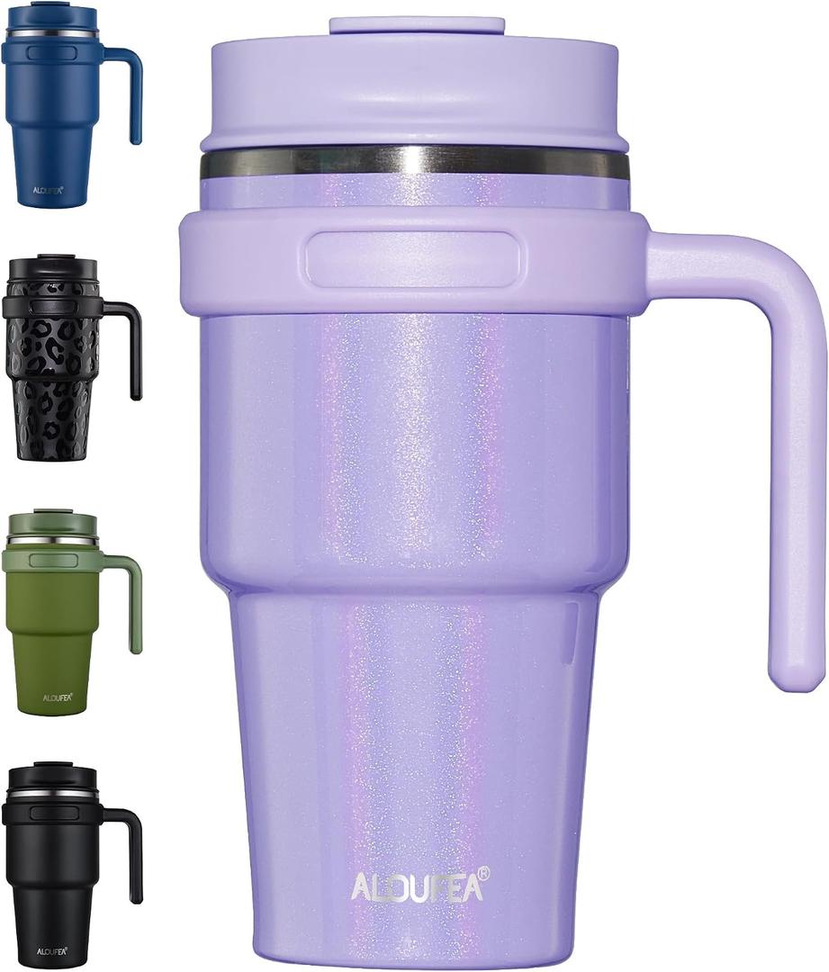 20 oz Insulated Coffee Mug Tumbler with Handle, Stainless Steel Travel Mug Tumbler with Lid and Straw, Double Wall Vacuum Leak Proof Ice Coffee Thermal Cup, Lavender Glitter