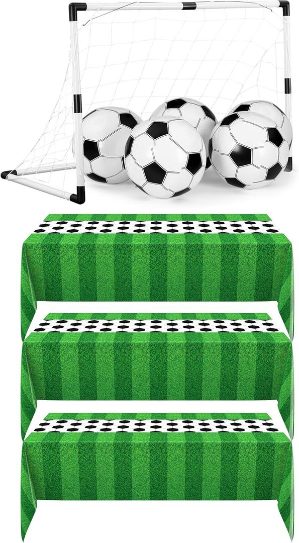 Buryeah 3 PCS Soccer Themed Disposable Plastic Tablecloths 54 x 108 Inches 12 pcs Inflatable Beach Balls 1pcs Goal Supplies for Soccer Tailgate Sports Party Rectangular Day Decorations (Football Style)