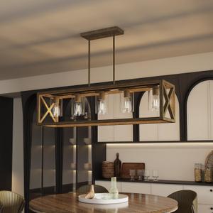 Espird Burlywood Dining Room Light Fixture - 5 Light Rectangle Light Fixtures with Clear Glass Shade & Adjustable Height & Thickened Metal Dining Table Lights Fixture Chandeliers for Dining Room
