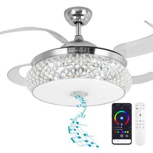 BAYSQUIRREL Retractable Ceiling Fan with Light, Low Profile Bluetooth Ceiling Fan with Speaker,RGB-LED Light 6 Speed Reversible Invisible Ceiling Fans for Bedroom,Remote and APP Control (Chrome)