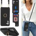 for Samsung Galaxy A15 5G Case with Card Holder and Strap for Women,Crossbody Lanyard,RFID Blocking,Ring Stand,Snap Clasp,Phone Wallet Cases 6.5 inch(Black)