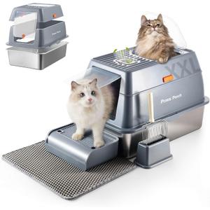 Stainless Steel Metal Cat Litter Box Large Enclosed with Lid, Dog Proof Jumbo Hooded High Sides for Big Cats, Indoor Multi Cat Use - Deep Design & No Smell