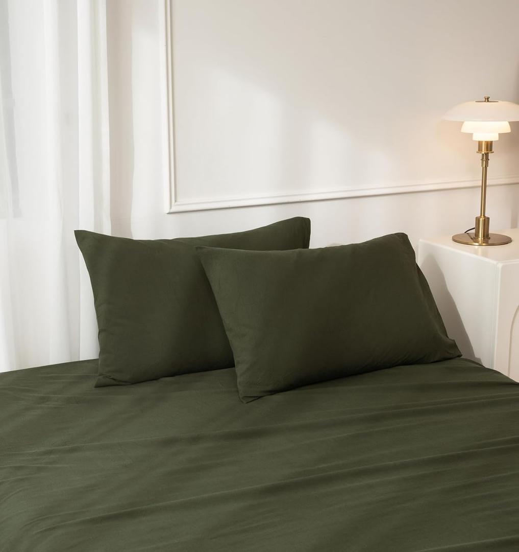 JIYUAN Standard Size Pillowcases, Set of 2-100% Washed Cotton with Envelope Closure, Linen-Like Textured, Soft, Breathable & Durable for All Seasons,Solid Olive Green
