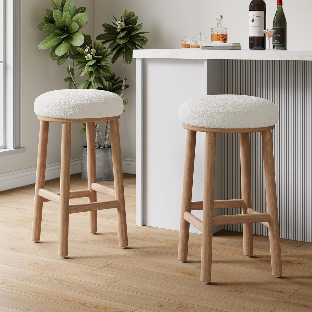 Christopher Knight Home Aubrie Counter Height Bar Stools Set of 2, Boucle Fabric Round Bar Stool for Kitchen Island, Wooden Backless Dining Room Chair, Counter Stool with Footrest, Natural+Milky White
