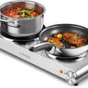 Hot Plate, CUSIMAX Double Burner, Electric Hot Plates for Cooking, 1800watts Portable Countertop Stove, Cast Iron Heating Plates, Used for Camping/Travel Trailers/Dorms, Stainless Steel Cooktop (Silver)