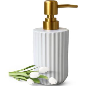 Soap Dispenser for Bathroom,12 Oz Liquid Soap Dispenser for Kitchen,Ceramic Hand Soap Dispenser with Plastic Pump,Simple Style Soap Dispenser (Gold and White Cylindrical Soap Dispenser)