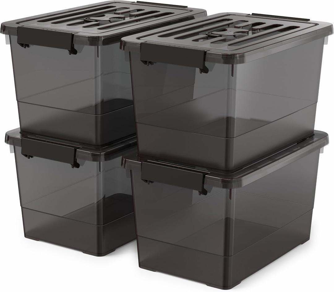 17 Qt Stackable Storage Bins with Lids, Black Clear Locking Plastic Storage Containers with Latches, Organizer Totes for Closet Pantry Bedroom Garage, Space Saving Nesting Storage Box（4 Pack）