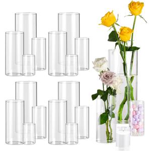 Clear Glass Cylinder Vases for Centerpieces, 4,6,8,10 Inch Tall Clear Flower Vases Wedding Decorations, Glass Hurricane Candle Holder for Table Shelf (16 Pack(4,6,8,10 Inch))