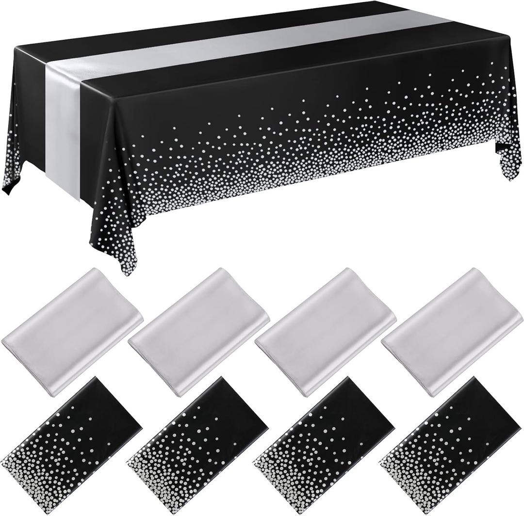 Breling 8 Pack Black and Silver Disposable Plastic Tablecloths and Satin Table Runner Set, 54 x 108 Inch Tablecloth, 12 x 108 Inch Table Runners for Wedding Graduation Birthday Baby Shower New Year