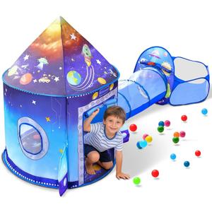 3 in 1 Rocket Ship Play Tent with Tunnel Ball Pit for Kids Space Themed Pop Up Playhouse Indoor Outdoor Astronaut Tent Set Toy Gift for Boys Girls Toddler Baby Child Games Birthday Party