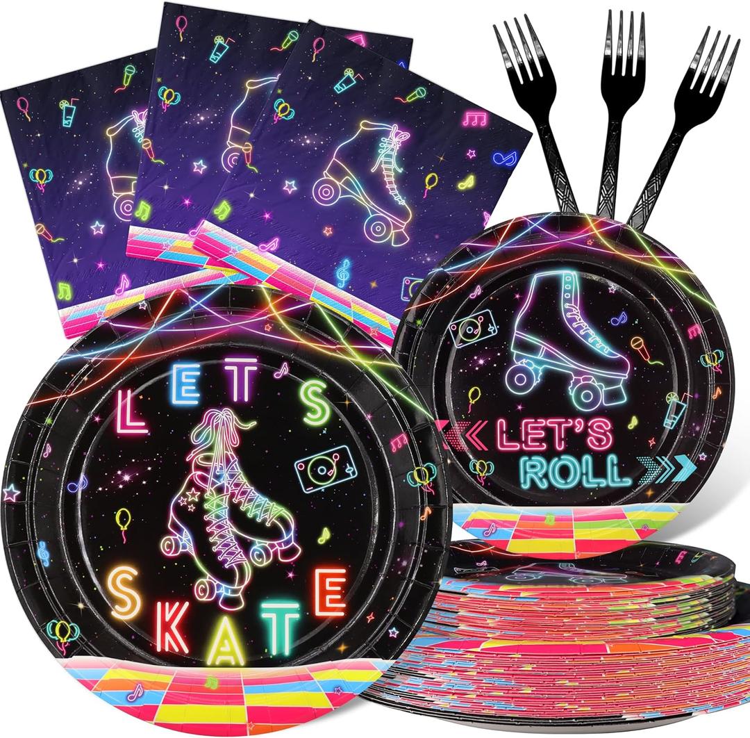 Roller Skating Party Decorations Set - 40 Sets of Fun Roller Skate Plates, Napkins, and Forks - Disposable Roller Skating Party Supplies for Birthdays and Events