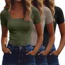 Ficerd 3 Pack Women's Short Sleeve Scooped Neck T Shirts Tops Basic Ribbed Knit Tee Slim Fit Solid Color Shirt(Black, Army Green, Coffee, S)